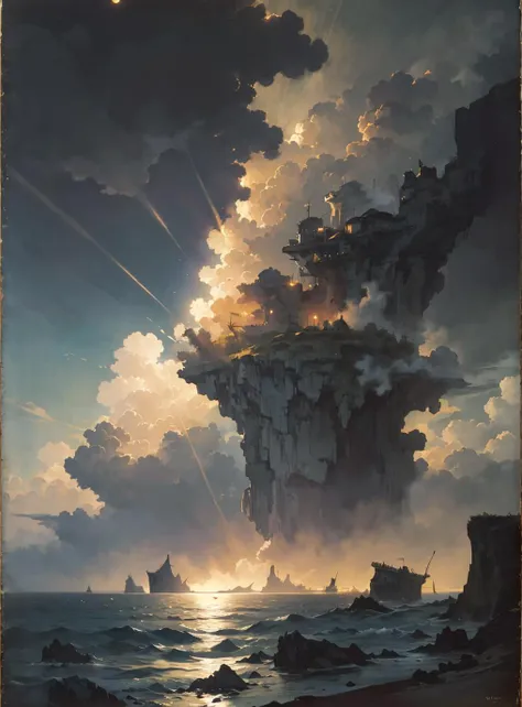 (designed by James Thomas Watts:1.2) and (Peder Balke:1.2) , painting, seascape, at Nighttime, soft focus, Nostalgic lighting, 800mm lens, painterly