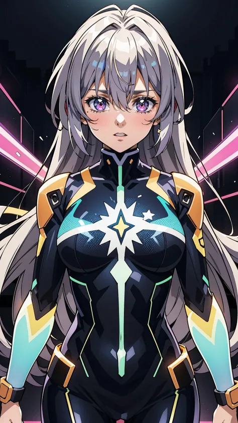 a woman with a neon body and a black background with stars on it, and a neon glow behind her, Alex Grey, neon lighting, a hologram, holography
masterpiece, best quality, anime screencap,