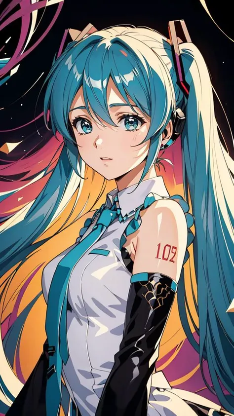 (masterpiece, best quality, highres:1.2), (intricate and beautiful:1.2), (detailed light:1.2), (colorful, dynamic angle), upper body shot, fashion photography of cute, intense long hair, (Hatsune Miku), dancing pose, flirting with POV, dynamic pose, soft moonlight passing through hair, (abstract colorful art background:1.3), (official art), (cinematic),