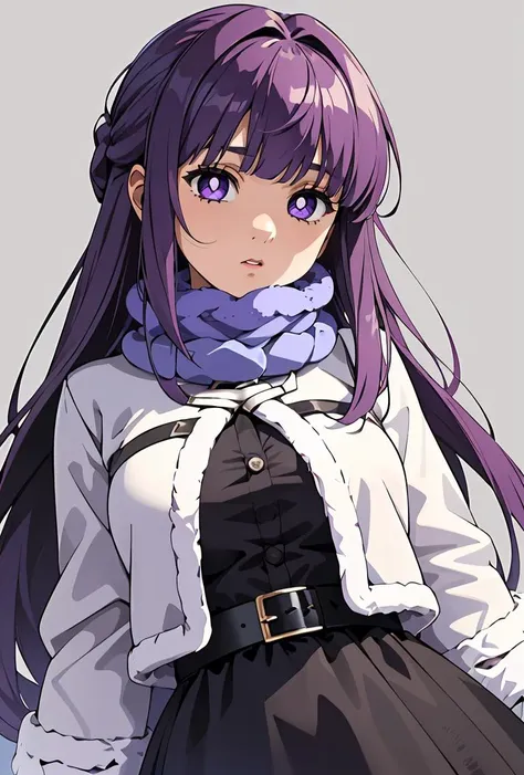 (masterpiece, best quality), 1girl,  <lora:FernV2:0.8> FernFrieren, purple pupils, long hair, half updo, Fpurple pupils, long hair, half updo, blue scarf, black dress, white jacket, fur-trim, cropped jacket, black belt,