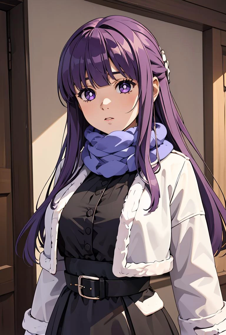 (masterpiece, best quality), 1girl, <lora:FernV2:0.8> FernFrieren, purple pupils, long hair, half updo, Fpurple pupils, long hair, half updo, blue scarf, black dress, white jacket, fur-trim, cropped jacket, black belt,