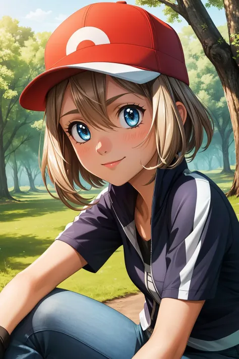 pkmnserena, 1girl, solo, blue eyes, blonde hair, short hair, bangs, hair between eyes, baseball cap, red headwear,
blue jacket, track jacket, popped collar, black shirt, short sleeves, grey pants, jeans, denim, black gloves, fingerless gloves,
smile,closed mouth,cowboy shot,sitting,
forest,outdoor,
(insanely detailed, beautiful detailed face, masterpiece, best quality) cinematic lighting,<lora:PKMN_Serena_Satoshi_v1:1>, <lora:more_details:0.3>,