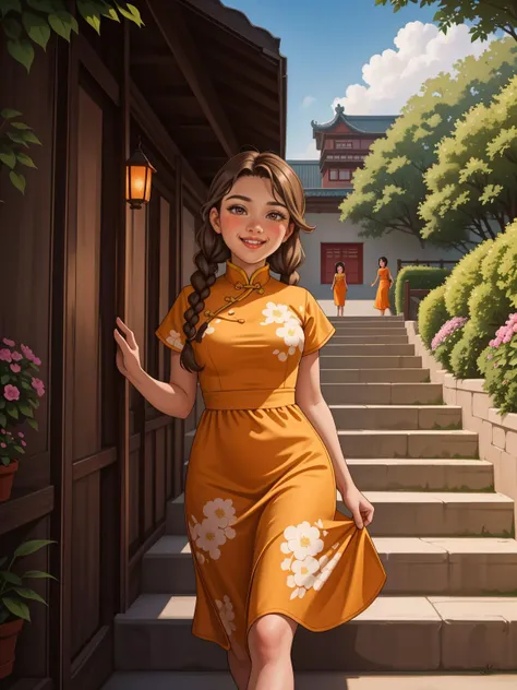 1girl, <lora:AromaStyle-V9:0.5>, brown eyes, light brown hair, twin braids, china dress, china, outdoors, village, stairs, mandarin orange, tree,
masterpiece, best quality, intricate detail, <lora:PAseer-SD15-LCM Quick:1> <lora:emotion_happy_slider_v1:2> <lora:backlight_slider_v10:-1> <lora:weight_slider_v2:1>