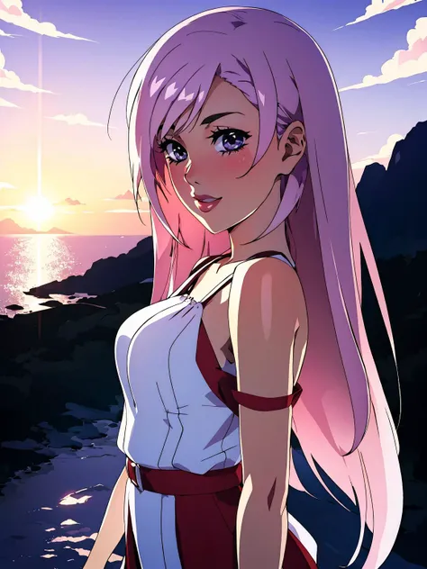 1girl,beach, dress, horizon, lips,ocean, outdoors, pink hair, realistic, sky, solo, strap slip, upper body, water, sunset, purple sky, standing, hand on own chest, smile, standing,
masterpiece, best quality, intricate details, <lora:contrast_slider_v10:3> <lora:backlight_slider_v10:-1.1>, <lora:KajinKuji:0.8>