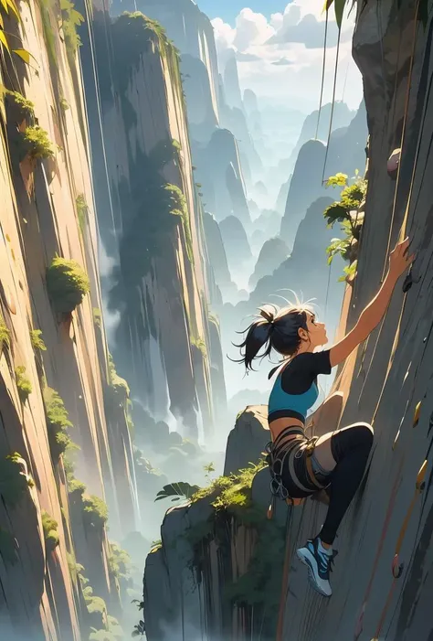 (masterpiece, best quality), 1girl, <lora:girllikefreesoloclimbing:1> (((free solo climbing))), ((hands on cliff)), ((raise head)), ((sweat)), ((fluttering hair)), ((sneakers)), ((pendant)), (crop top), (shorts), holster, fog, sky, jungle, canyon, high sky,