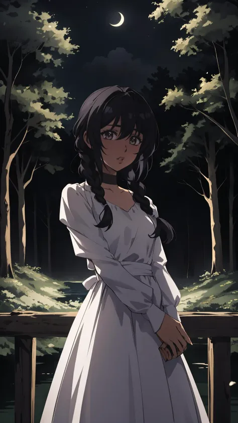 1girl, black hair, braid, dress, long hair, long sleeves, looking at viewer, solo, standing, white dress
masterpiece, best quality, anime screencap,  
architecture, bare tree, branch, building, forest, nature, night, night sky,  outdoors, scenery, tree, water, dark background, low lighting
 <lora:backlight_slider_v10:-2> <lora:Raiou_Style:0.4> big lips, thick lips,