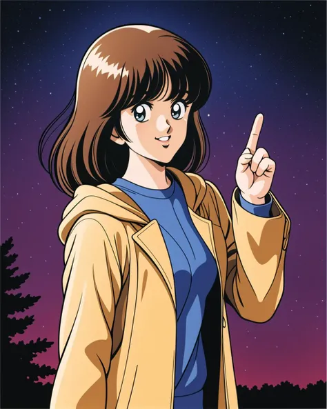 <lora:Adachi_v2:0.8>, 1girl, 1girl, long sleeves, makeup, shorts, solo, standing, light brown hair, bangs, amber eyes, night, night sky, walking, long sleeves, hooded coat, upper body, retro artstyle, aurora, looking at viewer, smile, peace sign, pose, tree,
masterpiece, best quality, intricate detail, artgem, <lora:PAseer-SD15-LCM Quick:1>