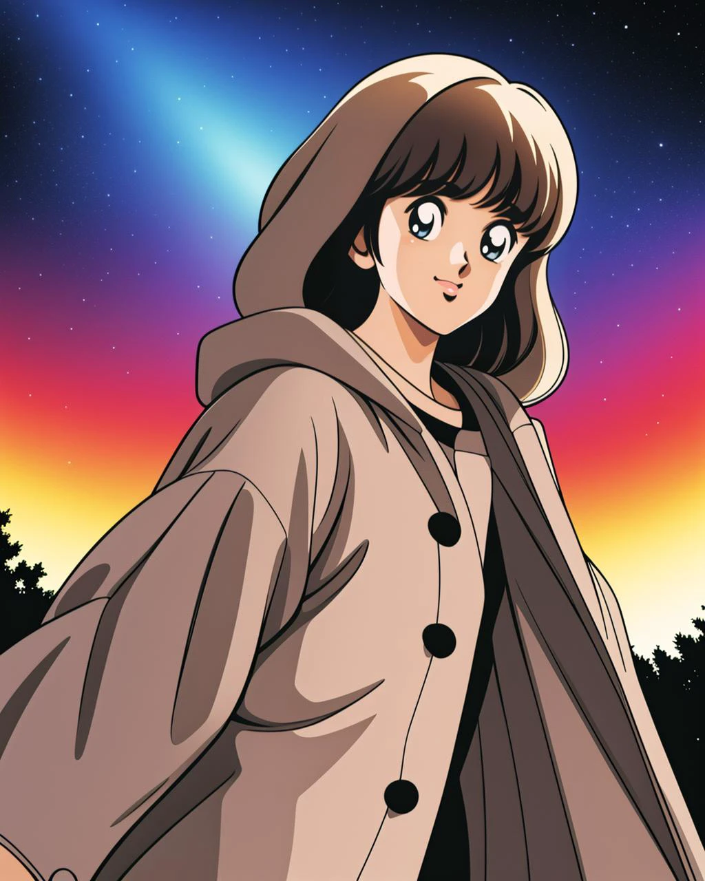 <lora:Adachi_v2:0.8>, 1girl, 1girl, long sleeves, makeup, shorts, solo, standing, light brown hair, bangs, amber eyes, night, night sky, walking, long sleeves, hooded coat, upper body, retro artstyle, aurora, looking at viewer, smile, peace sign, v, tree,
masterpiece, best quality, intricate detail, artgem, <lora:PAseer-SD15-LCM Quick:1>