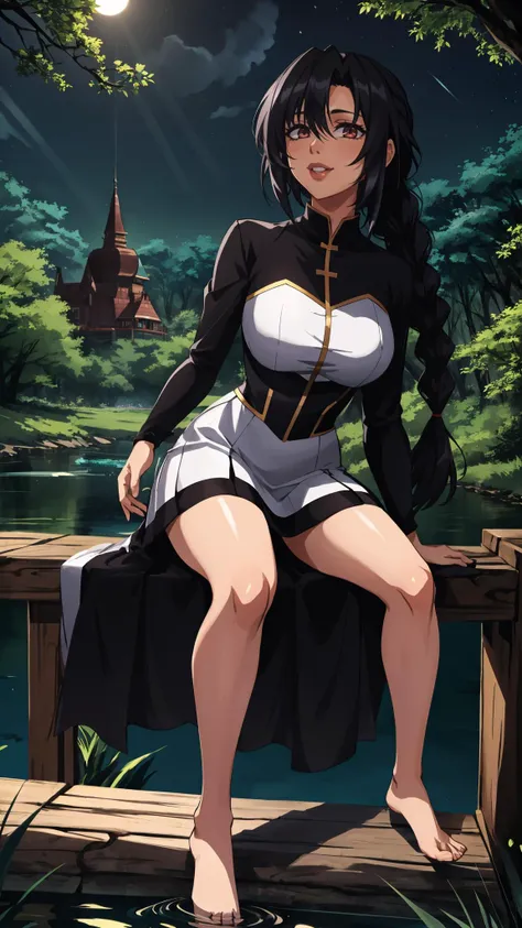 1girl, black hair, braid, dress, long hair, long sleeves, looking at viewer,  (sitting), white dress, light smile, closed mouth, 
masterpiece, best quality, anime screencap,  
architecture, bare tree, branch, building, forest, nature, night, night sky,  outdoors, scenery, tree, water, dim lighting
 <lora:backlight_slider_v10:-1> <lora:Raiou_Style:0.5> big lips, thick lips,