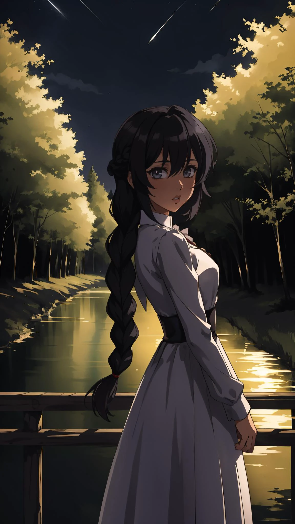 1girl, black hair, braid, dress, long hair, long sleeves, looking at viewer, solo, standing, white dress
masterpiece, best quality, anime screencap,
architecture, bare tree, branch, building, forest, nature, night, night sky, outdoors, scenery, tree, water, dark background, low lighting
<lora:backlight_slider_v10:-2> <lora:Raiou_Style:0.4> big lips, thick lips,