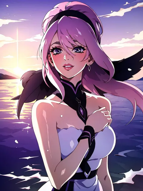 1girl,beach, dress, horizon, lips,ocean, outdoors, pink hair, realistic, sky, solo, strap slip, upper body, water, sunset, purple sky, standing, hand on own chest, smile, standing,
masterpiece, best quality, intricate details, <lora:contrast_slider_v10:3> <lora:backlight_slider_v10:-1.1>, <lora:KajinKuji:0.8>