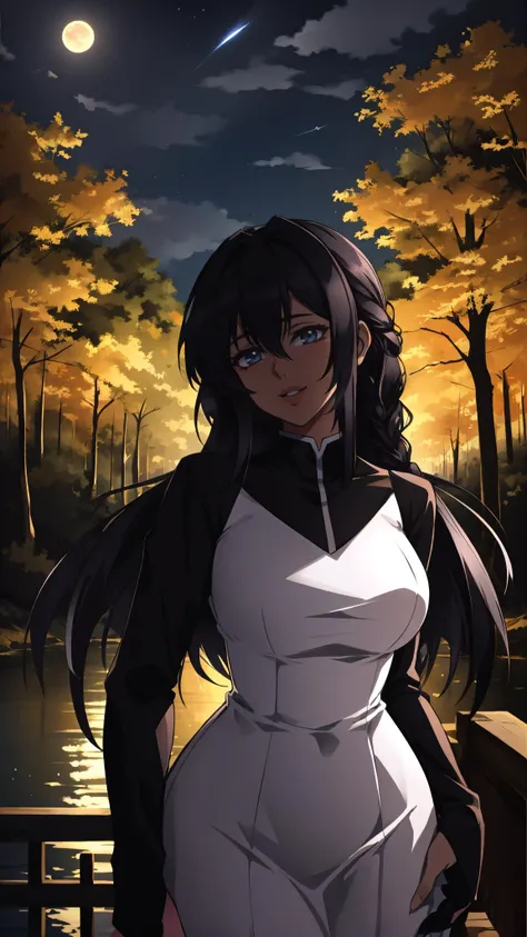 1girl, black hair, braid, dress, long hair, long sleeves, looking at viewer, solo, standing, white dress, light smile, closed mouth, 
masterpiece, best quality, anime screencap,  
architecture, bare tree, branch, building, forest, nature, night, night sky,  outdoors, scenery, tree, water, dim lighting
 <lora:backlight_slider_v10:-2> <lora:Raiou_Style:0.5> big lips, thick lips,