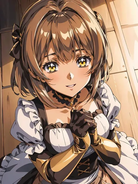 from above,  1girl,  medieval, blunt bangs, medium hair, straight hair, yellow eyes, brown lips, frilled dress, own hands together,  magic, light smile, metal gloves, 
masterpiece, best quality, anime screencap, outline, anime, sketch,  <lora:skin_tone_slider_v1:2>  AnjelikaV2