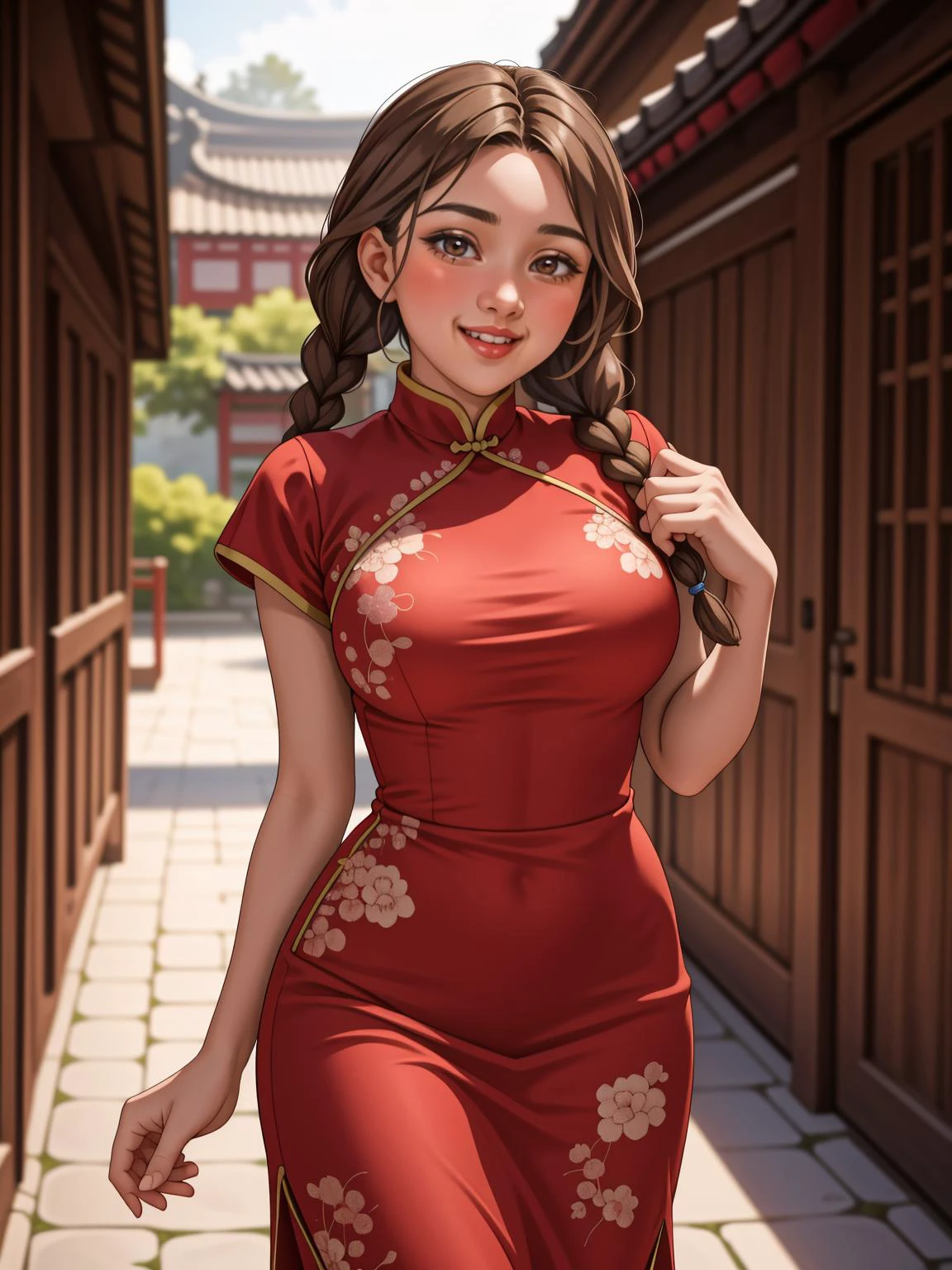 1girl, <lora:AromaStyle-V9:0.5>, brown eyes, light brown hair, twin braids, china dress, china, outdoors, village,
masterpiece, best quality, intricate detail, <lora:PAseer-SD15-LCM Quick:1> <lora:emotion_happy_slider_v1:2> <lora:backlight_slider_v10:-1> <lora:weight_slider_v2:1>