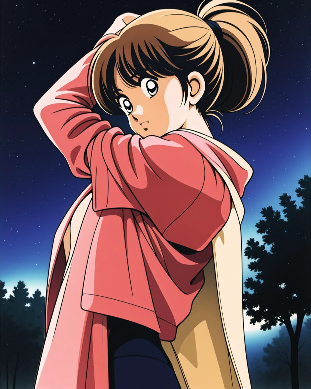 <lora:Adachi_v2:0.8>, 1girl, 1girl, long sleeves, shorts, solo, standing, light brown hair, ponytail, bangs, amber eyes, night, night sky, long sleeves, hooded coat, upper body, retro artstyle, aurora, nature, fireflies, from side, looking at viewer, arms up,
masterpiece, best quality, intricate detail, artgem, <lora:PAseer-SD15-LCM Quick:1>