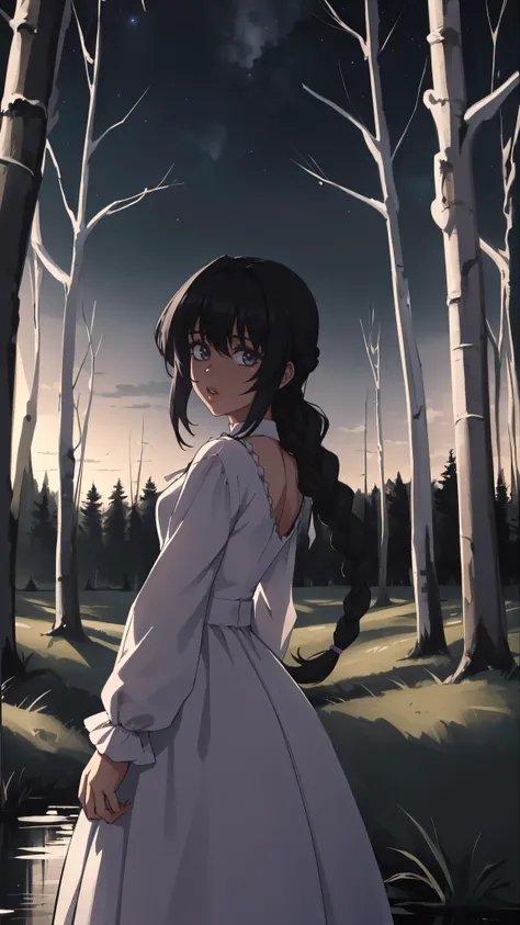 1girl, black hair, braid, dress, long hair, long sleeves, looking at viewer, solo, standing, white dress
masterpiece, best quality, anime screencap,  
architecture, bare tree, branch, building, forest, nature, night, night sky,  outdoors, scenery, tree, water, dark background, low lighting
 <lora:backlight_slider_v10:-2> <lora:Raiou_Style:0.4> big lips, thick lips,