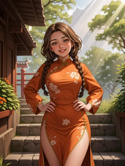 1girl, <lora:AromaStyle-V9:0.5>, brown eyes, light brown hair, twin braids, china dress, china, outdoors, village, stairs, mandarin orange, tree, pelvic curtain, light particles, sunbeam, hand on own hip, head tilt,
masterpiece, best quality, intricate detail, <lora:PAseer-SD15-LCM Quick:1> <lora:emotion_happy_slider_v1:2> <lora:backlight_slider_v10:-1> <lora:weight_slider_v2:1>