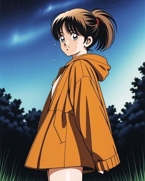 <lora:Adachi_v2:0.8>, 1girl, 1girl, long sleeves, shorts, solo, standing, light brown hair, ponytail, bangs, amber eyes, night, night sky, long sleeves, hooded coat, cowboy shot, retro artstyle, aurora, nature, fireflies, from side, looking at viewer, on grass, v,
masterpiece, best quality, intricate detail, artgem, <lora:PAseer-SD15-LCM Quick:1>