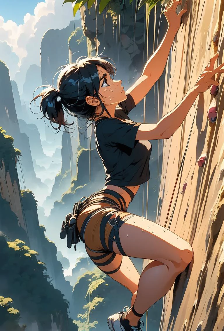 (masterpiece, best quality), 1girl, <lora:girllikefreesoloclimbing:1> (((free solo climbing))), ((hands on cliff)), ((raise head)), ((sweat)), ((fluttering hair)), ((sneakers)), ((pendant)), (crop top), (shorts), holster, fog, sky, jungle, canyon, high sky,
