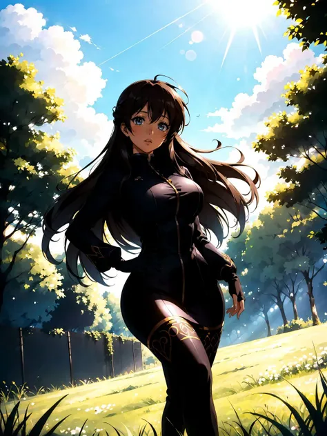 1girl, ((curvy)),  blue sky,  brown hair, depth of field, field, grass, lips, long hair,  outdoors, sky, solo, standing, dappled sunlight, 
masterpiece, best quality, intricate details, anime screencap,    <lora:bimbostyleFourUSD:0.6> <lora:contrast_slider_v10:3> <lora:backlight_slider_v10:-1.5>