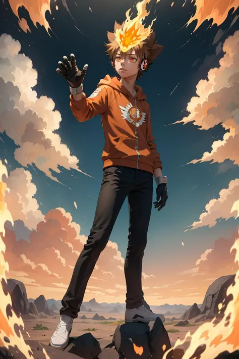 masterpiece, best quality, 1boy, skinny, <lora:Tsuna_Reborn2:1> intricate detail, tsuna sawada, flame headwear, headphones, brown eyes, upper body, wind, floating hair, flame, gloves, giotto \(reborn\), Orange hoodie with flame print, anime screencap, aura,