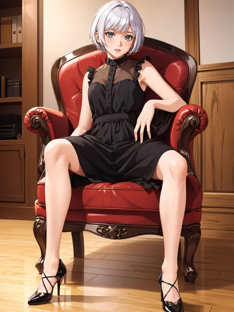 1girl, armchair, chair, dress, high heels, lips, realistic, shoes, short hair, sleeveless, sleeveless dress, solo
masterpiece, best quality, intricate details, anime screencap,