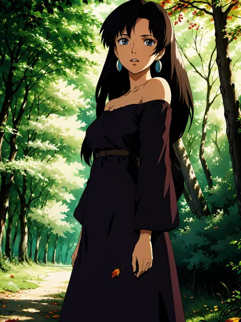 1girl, bare shoulders, black hair, breasts, bush,depth of field, dress, earrings, field, forest, grass, jewelry, lips, long hair, looking at viewer, nature, off-shoulder dress, off shoulder, outdoors, dappled sunlight, autumn, autumn leaves, lake, path,
masterpiece, best quality, intricate details, anime screencap, <lora:contrast_slider_v10:3> <lora:backlight_slider_v10:-1.5> , <lora:ghibli_style_offset:0.8> ghibli style