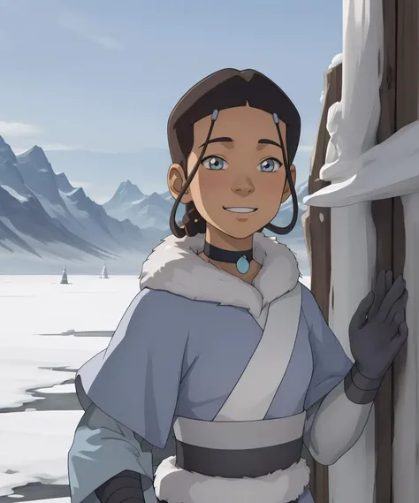 masterpiece, best quality, 1girl,  <lora:KataraV2:1> katara, north pole, ice, frost, light smile, fur collar,
