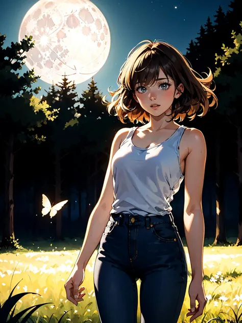 1girl, bare shoulders, blurry, brown hair, denim, jeans, lips, long hair, pants, shirt, shorts, solo, tank top, curly hair, short hair,
masterpiece, best quality, intricate details, anime screencap,
a painting of a night scene with butterflies flying over a forest and a moon in the sky above the grass, magical atmosphere, a storybook illustration, fantasy art
<lora:backlight_slider_v10:-1> <lora:contrast_slider_v10:3><lora:add_sharpness:1.0><lora:add_sharpness:1.0>