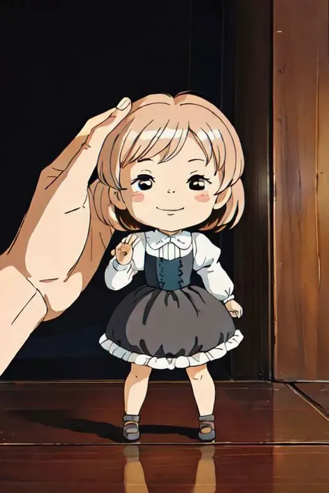 masterpiece, best quality, intricate detail, intricate background detail, 1girl, gradient hair, happy, full body, pop art, chibi art, pov hands, headpatting