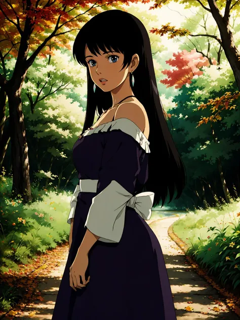 1girl, bare shoulders, black hair, breasts, bush,depth of field, dress, earrings, , jewelry, lips, long hair, looking at viewer, nature, off-shoulder dress, off shoulder, outdoors, dappled sunlight, autumn, autumn leaves, lake, path,
masterpiece, best quality, intricate details, anime screencap, <lora:contrast_slider_v10:3> <lora:backlight_slider_v10:-1.5> , <lora:ghibli_style_offset:0.8> ghibli style