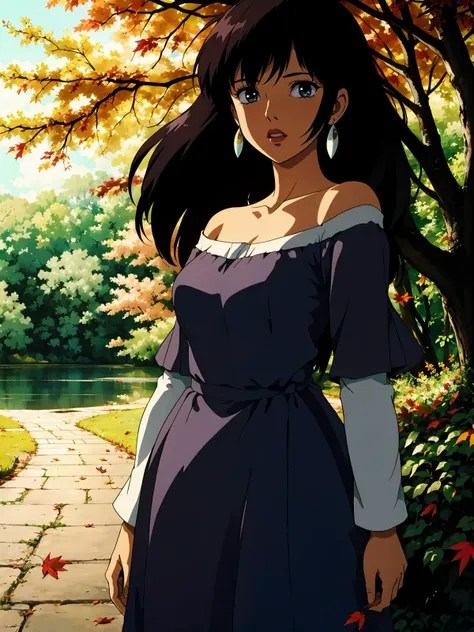 1girl, bare shoulders, black hair, breasts, bush,depth of field, dress, earrings, , jewelry, lips, long hair, looking at viewer, nature, off-shoulder dress, off shoulder, outdoors, dappled sunlight, autumn, autumn leaves, lake, path,
masterpiece, best quality, intricate details, anime screencap, <lora:contrast_slider_v10:3> <lora:backlight_slider_v10:-1.5> , <lora:ghibli_style_offset:0.8> ghibli style