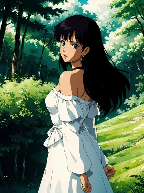 1girl, bare shoulders, black hair, breasts, bush,depth of field, dress, earrings, field, forest, grass, jewelry, lips, long hair, looking at viewer, looking back, nature, off-shoulder dress, off shoulder, outdoors,
masterpiece, best quality, intricate details, anime screencap, <lora:contrast_slider_v10:3> <lora:backlight_slider_v10:-1.5> , <lora:ghibli_style_offset:0.8> ghibli style