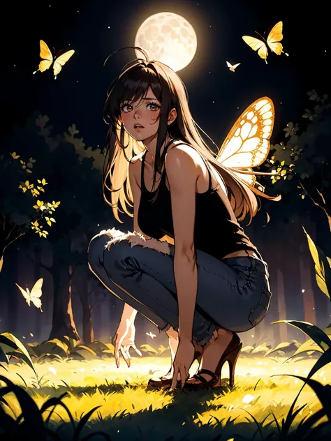 1girl, bare shoulders, blurry, brown hair, denim, jeans, lips, long hair, pants, shirt, shorts, solo, tank top, squatting, 9
masterpiece, best quality, intricate details, anime screencap,
a painting of a night scene with butterflies flying over a forest and a moon in the sky above the grass, magical atmosphere, a storybook illustration, fantasy art
<lora:backlight_slider_v10:-1> <lora:contrast_slider_v10:3><lora:add_sharpness:1.0><lora:add_sharpness:1.0>