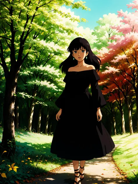 1girl, bare shoulders, black hair, breasts, bush,depth of field, dress, earrings, field, forest, grass, jewelry, lips, long hair, looking at viewer, nature, off-shoulder dress, off shoulder, outdoors, dappled sunlight, autumn, autumn leaves, lake, path,
masterpiece, best quality, intricate details, anime screencap, <lora:contrast_slider_v10:3> <lora:backlight_slider_v10:-1.5> , <lora:ghibli_style_offset:0.8> ghibli style