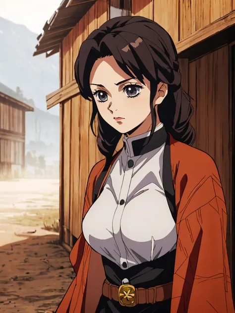 masterpiece, best quality, 1girl, <lora:kimetsu_no_yaiba_style_offset:1> kimetsu no yaiba style, a female gunfighter in a Wild West setting