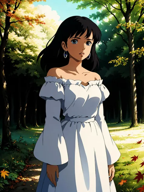 1girl, bare shoulders, black hair, breasts, bush,depth of field, dress, earrings, field, forest, grass, jewelry, lips, long hair, looking at viewer, nature, off-shoulder dress, off shoulder, outdoors, dappled sunlight, autumn, autumn leaves, lake, path,
masterpiece, best quality, intricate details, anime screencap, <lora:contrast_slider_v10:3> <lora:backlight_slider_v10:-1.5> , <lora:ghibli_style_offset:0.8> ghibli style
