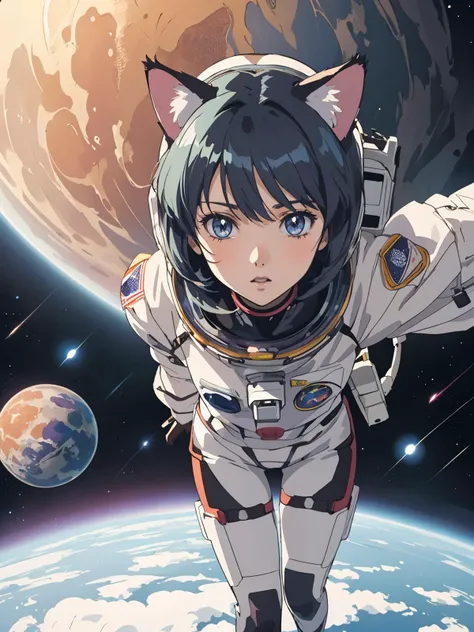 a cat girl astronaut exploring the cosmos, floating among planets and stars, high quality detail, ((intricate detail)), complex illustration, high contrast, intricate background detail
masterpiece, best quality, ((anime screencap)), studio ghibli style,