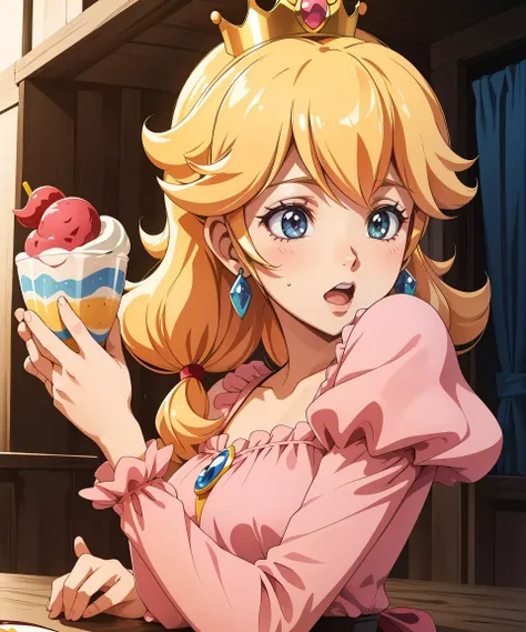 masterpiece, best quality, 1girl, princess peach, super smash bros., anime screencap, pink dessert, studio ghibli style