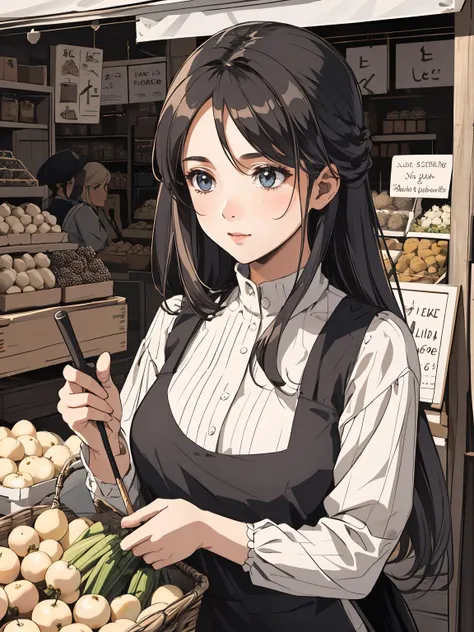 a scene of a farmer's wife managing a bustling marketplace, selling fresh produce and goods, high quality detail, ((intricate detail)), complex illustration, high contrast, intricate background detail
masterpiece, best quality,