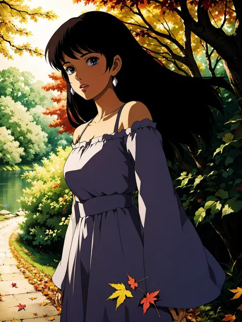 1anime girl sitting in nature at a white table under an umbrella and drinking from a glass, Beautiful girl in close plan, Average Breasts, beautiful hair, Tender Scene, Depth of field, Beautiful trees and flowers in the background, super detaill, detailized face, Detailed hands, Beautiful dress on a girl, super quality, tmasterpiece, blue sky with clouds, Realistic light, rassejanjy world, Flying dandelions in the background