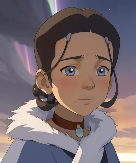 masterpiece, best quality, 1girl, <lora:KataraV2:1> katara, north pole, ice, frost, closed mouth, happy, fur collar, night, aurora, night sky, star \(sky\),