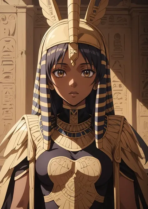 a upper body of a woman in an Egyptian hieroglyph-inspired art style, blending ancient motifs with modern elegance, dark skin, looking at viewer,
best quality, masterpiece, intricate detail, anime screencap, high environment detail,