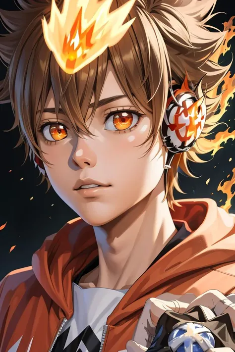 masterpiece, best quality, 1boy, skinny, <lora:Tsuna_Reborn2:1> intricate detail, tsuna sawada, flame headwear, headphones, brown eyes, upper body, wind, floating hair, flame, gloves, giotto \(reborn\), Orange hoodie with flame print, anime screencap, aura,