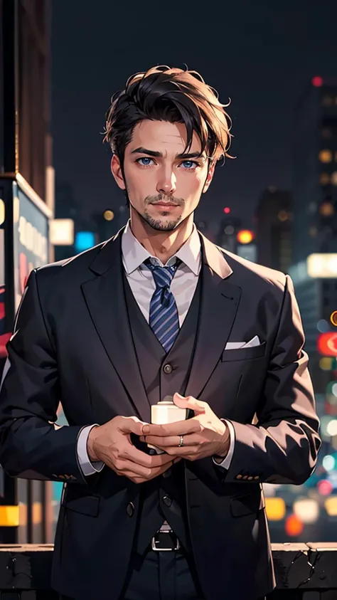 (best quality, masterpiece, hyper realistic) 1 elegant business man, photography, man in New York city, ultra high details, dim light, dawn, bokeh background, perfect night