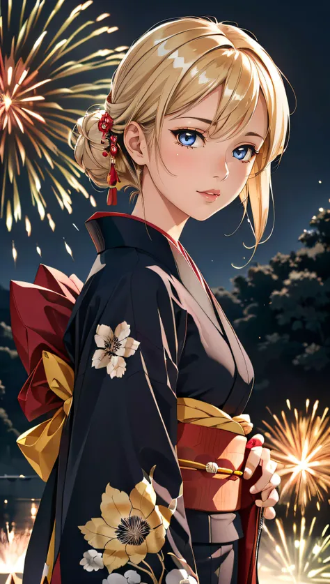 (best quality, masterpiece, colorful, dynamic angle, highest detailed) Realistic photo, fashion photography of a cute European girl with iridiscent blonde hair, flirting with POV, in traditional japanese gold&black kimono, ultra detailed kimono textures, perfect night, kyoto, fireworks, (intricate details, hyperdetailed:1.15), detailed, moonlight passing through hair, (official art, extreme detailed, highest detailed), HDR+