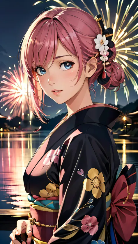 (best quality, masterpiece, colorful, dynamic angle, highest detailed) Realistic photo, fashion photography of a cute European girl with iridiscent pink hair, flirting with POV, in traditional japanese gold&black kimono, ultra detailed kimono textures, perfect night, kyoto, fireworks, (intricate details, hyperdetailed:1.15), detailed, moonlight passing through hair, (official art, extreme detailed, highest detailed), HDR+