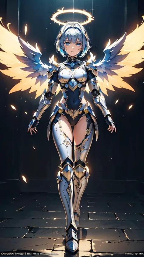 (masterpiece, best quality, highres:1.2), (intricate and beautiful:1.2), (detailed light:1.2), (colorful, dynamic angle), full body photo, fashion photography of cute mechangel, glowing 4 wings, solo, glowing armor, glowing halo, building, glowing mechanical 4 wings soft light passing through hair, (official art), (cinematic),