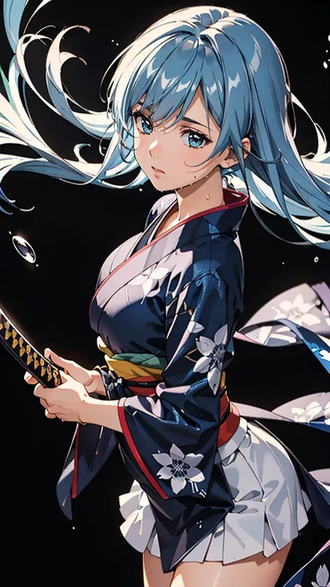(masterpiece, best quality, highres:1.2), (intricate and beautiful:1.2), (detailed light:1.2), (colorful, dynamic angle), RAW photo,full body photo, photo epic realistic, (close up), 1 young cute girl, floating blue_hair, long hair, (water:0.7), waterdrop, wet, holding_katana, blue_kimono with intricate pattern, ultra detailed, (textured_clothing), black_background, soft light passing through hair, (official art), (cinematic),