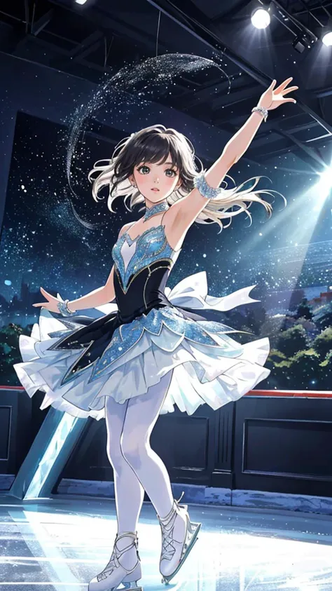 (best quality, masterpiece, colorful, highest detailed) upper body photo, fashion photography of cute (1 cute ballerina girl), skinny, black bobbed hair, small perfect tits, high decorated classical ballerina dress, high textures, ornaments, softlight passing through hair, (Central Park, New York ice skating rink background:1.3), (intricate details), (dynamic angle)